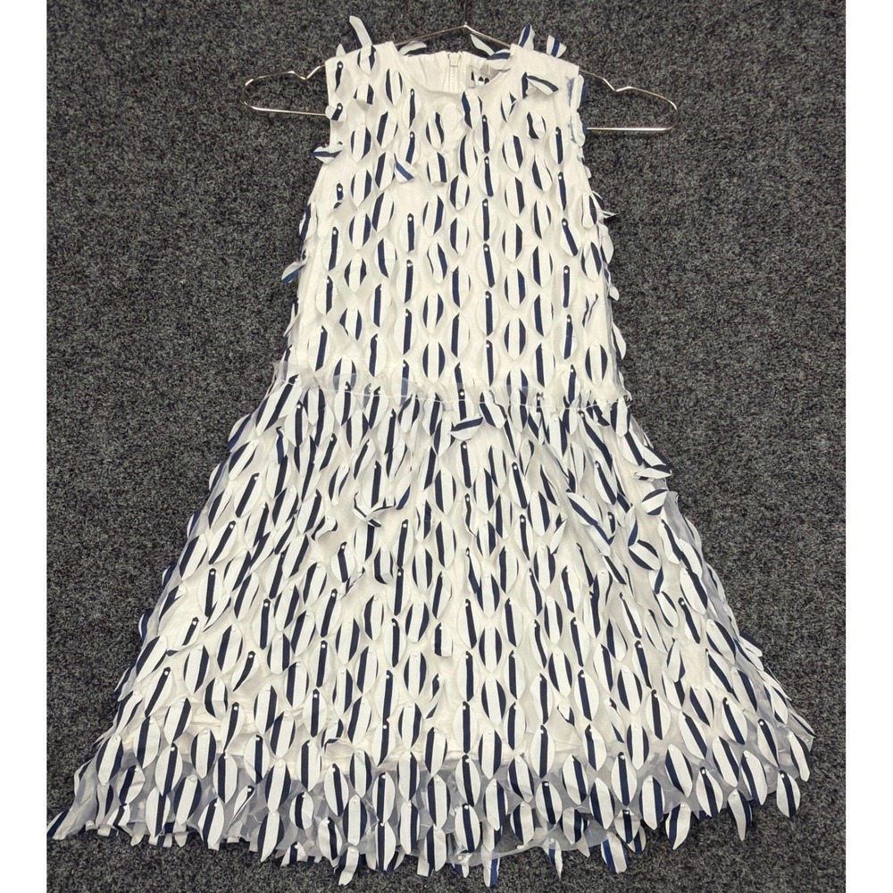 Molo Dress Girls 8 White Blue 3D Petal Striped Sleeveless Mesh Whimsical Party